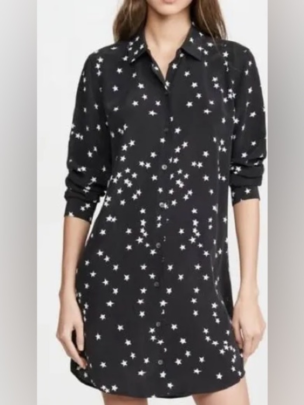Equipment Femme Black Silk Star Print Shirt Dress Pockets Sz L Q157-E246